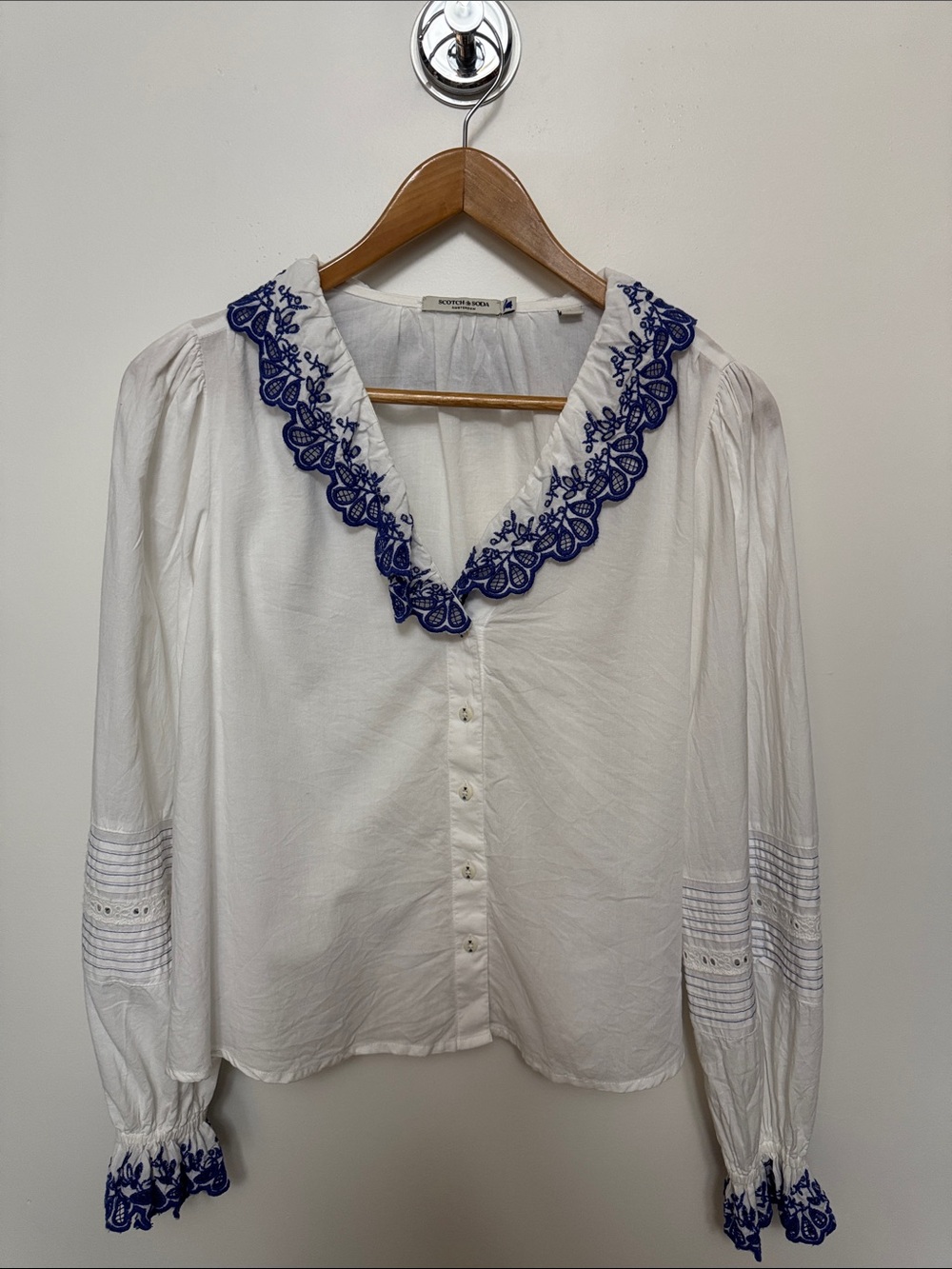 Scotch & Soda White Blouse with Blue Embroidered Collar